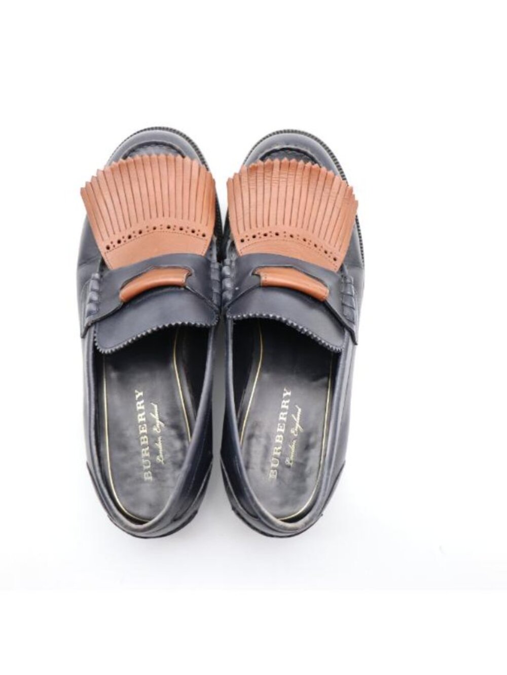Burberry Kiltie Bedmoore Fringe Men’s EU 44 Leather Loafers Navy/ Brown Italy - Picture 7 of 14